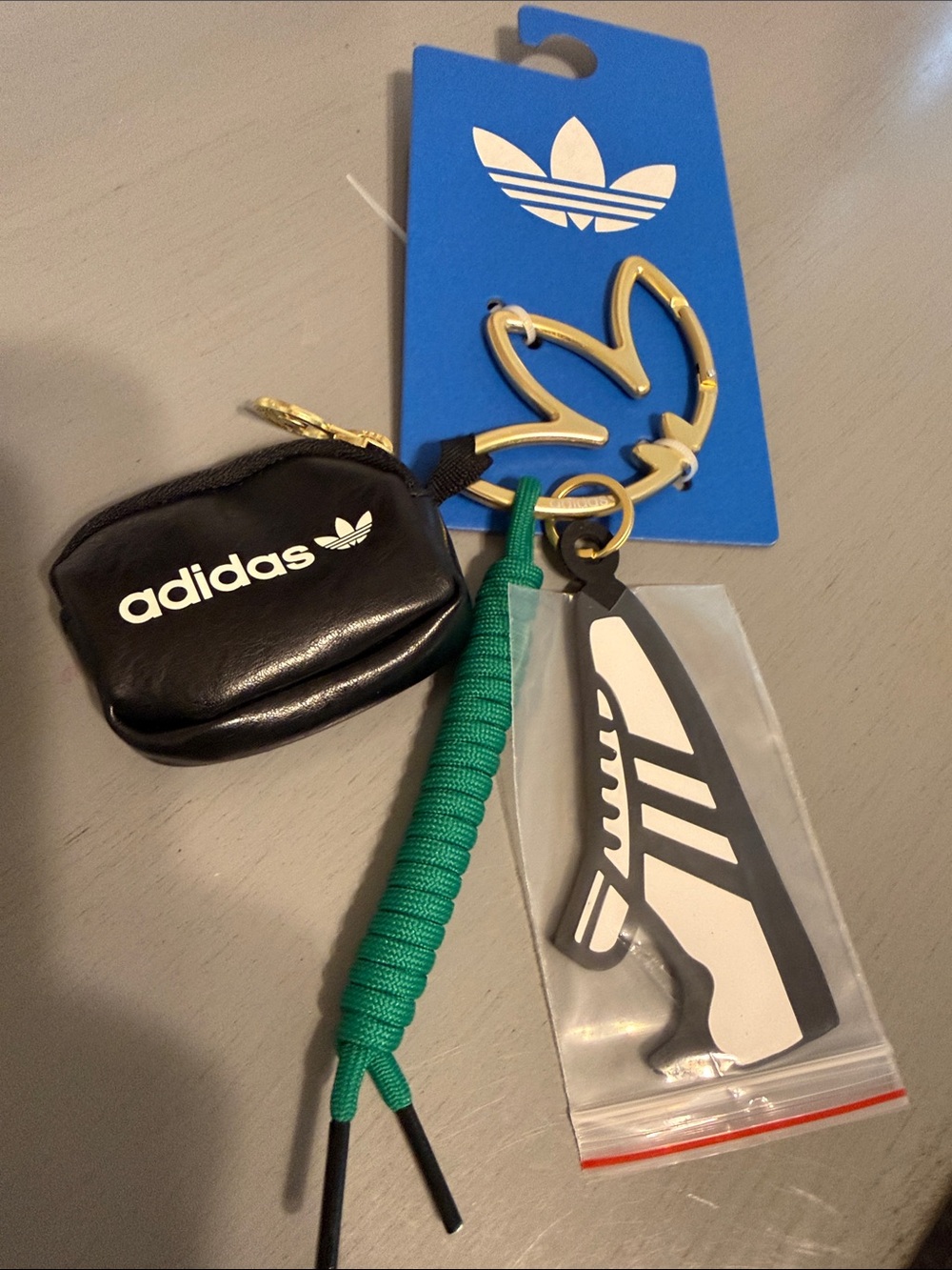 Adidas Black Mini Pouch Keychain with Gold Trefoil Charm and Green Lace - NEW